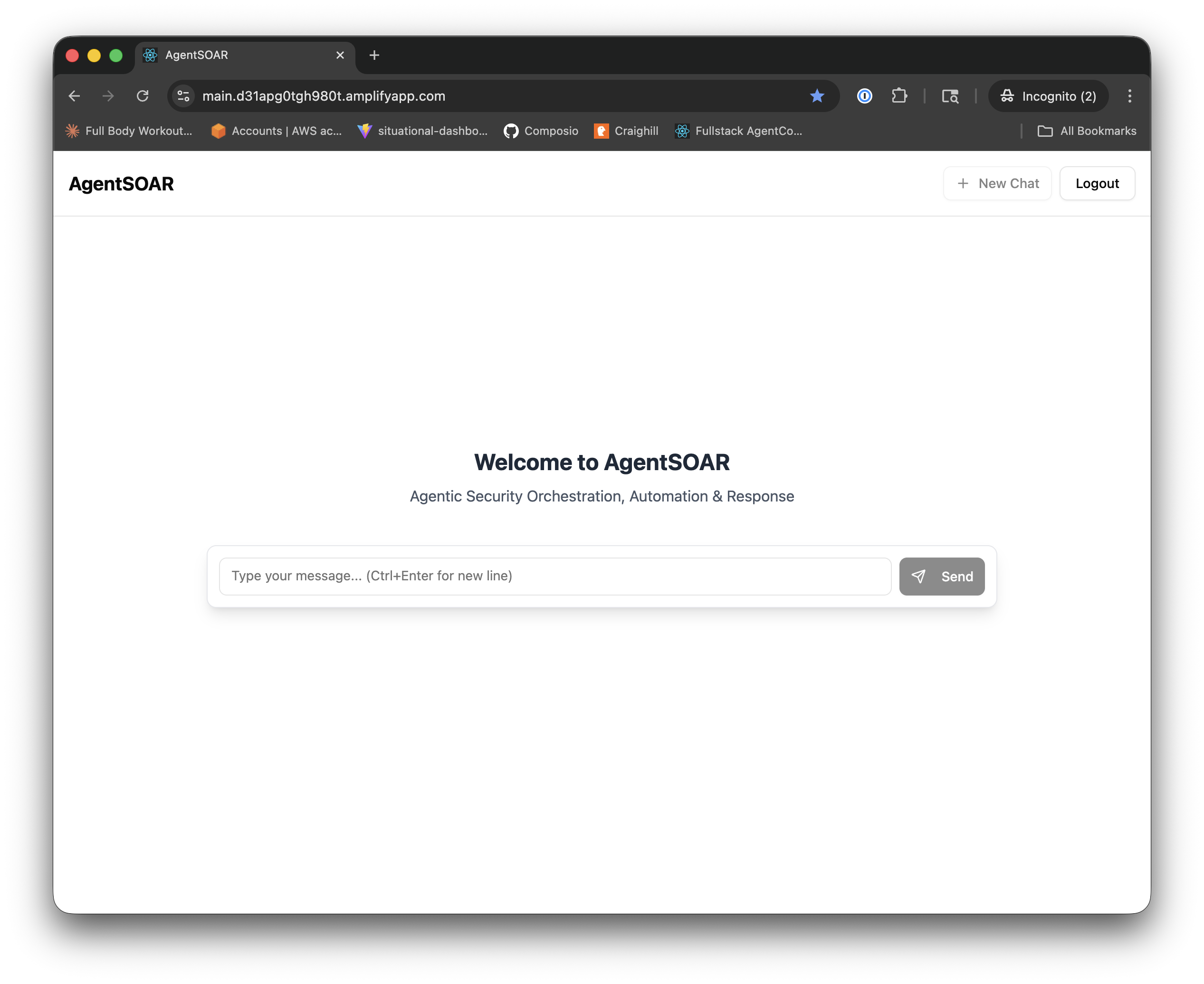 AgentSOAR UI after rebranding — "Welcome to AgentSOAR" with the Agentic Security Orchestration, Automation & Response tagline