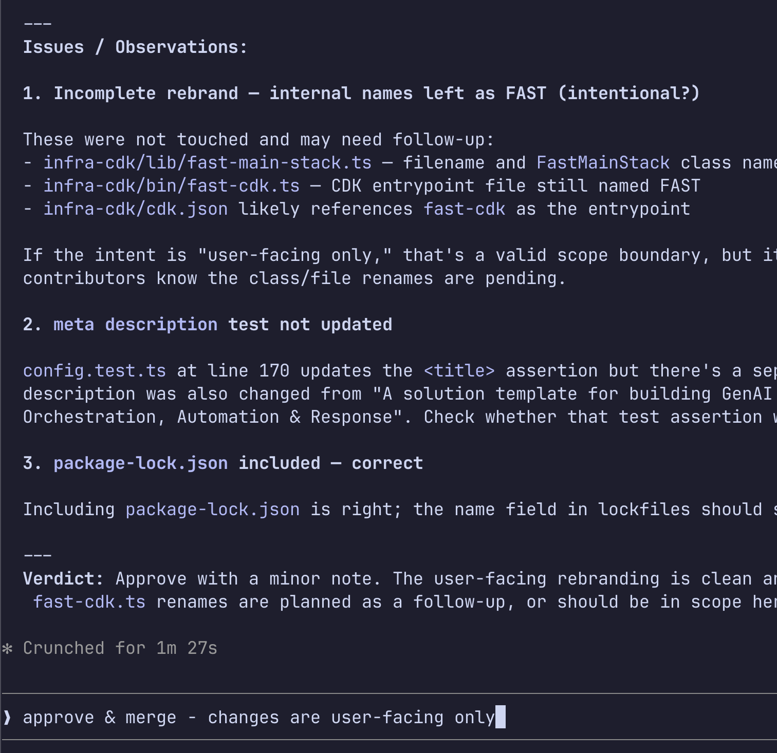 Claude Code PR review output showing issues and verdict