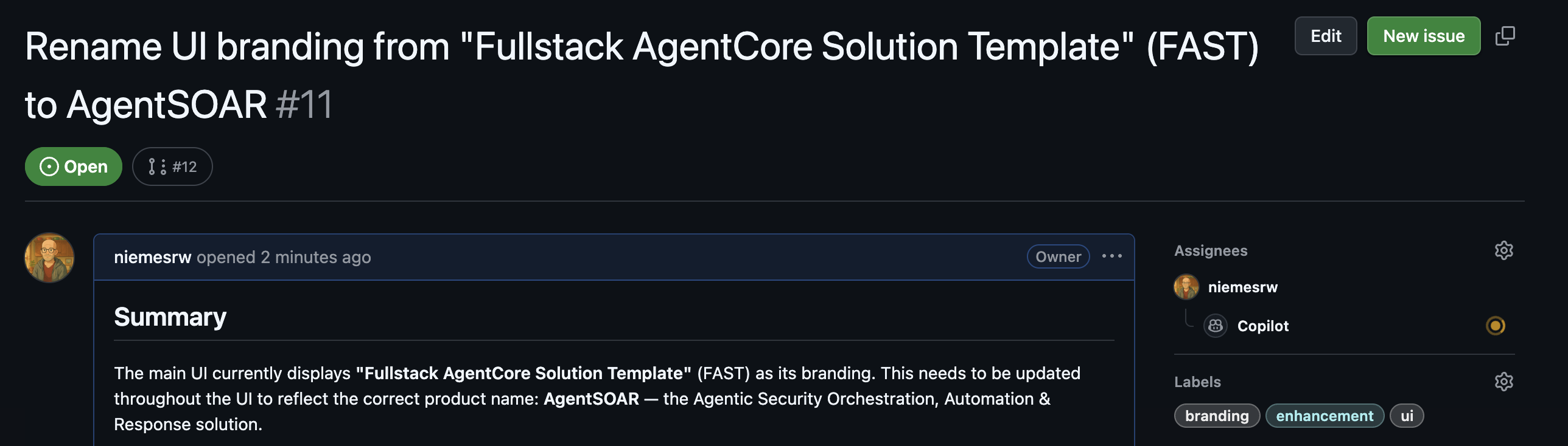 Issue #11 assigned to Copilot with branding/enhancement/ui labels