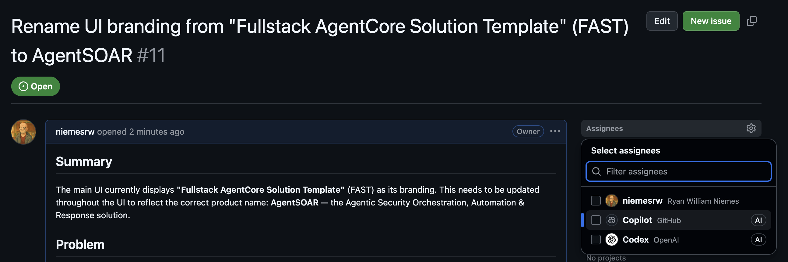 GitHub issue #11 created by the agent