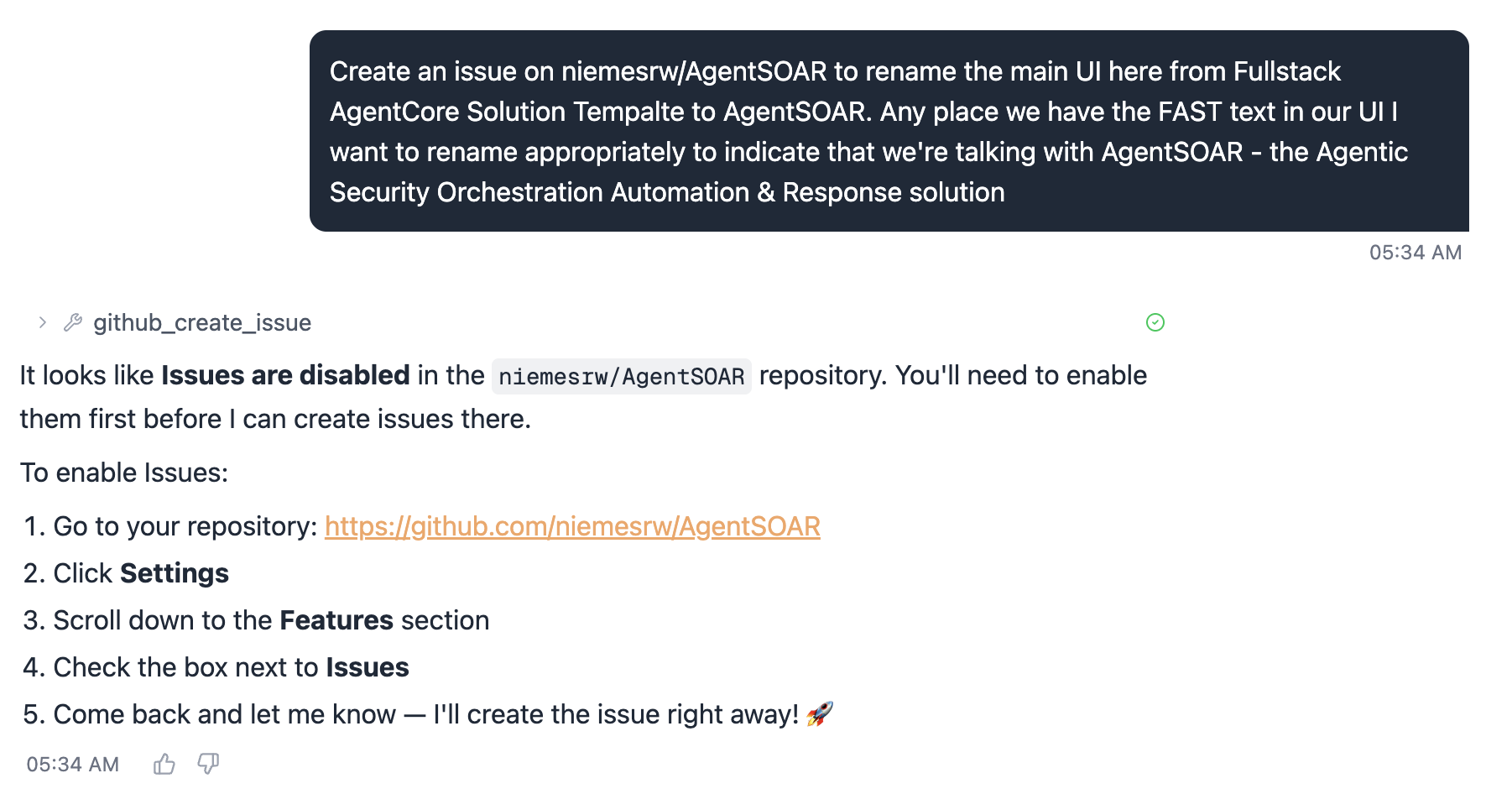 Agent diagnosing that Issues are disabled on the repo
