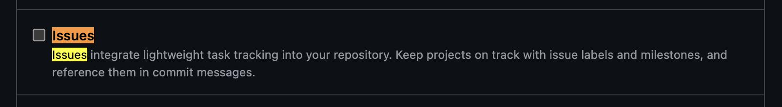 GitHub repo settings showing the Issues checkbox