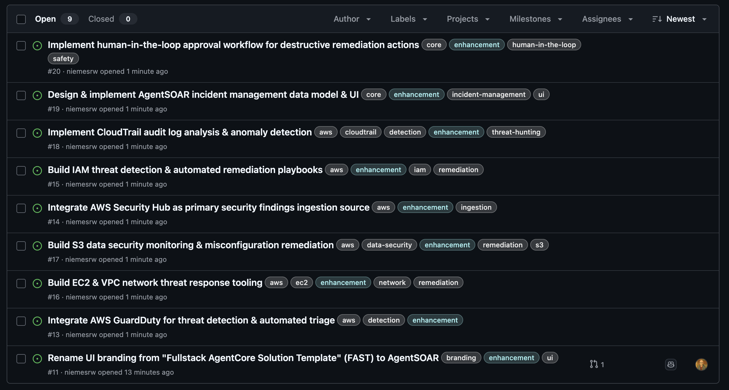 GitHub issues list showing all 9 open issues with labels