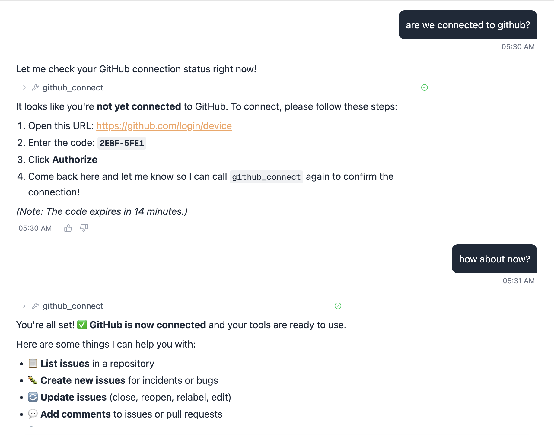 GitHub device flow connect UX in AgentSOAR