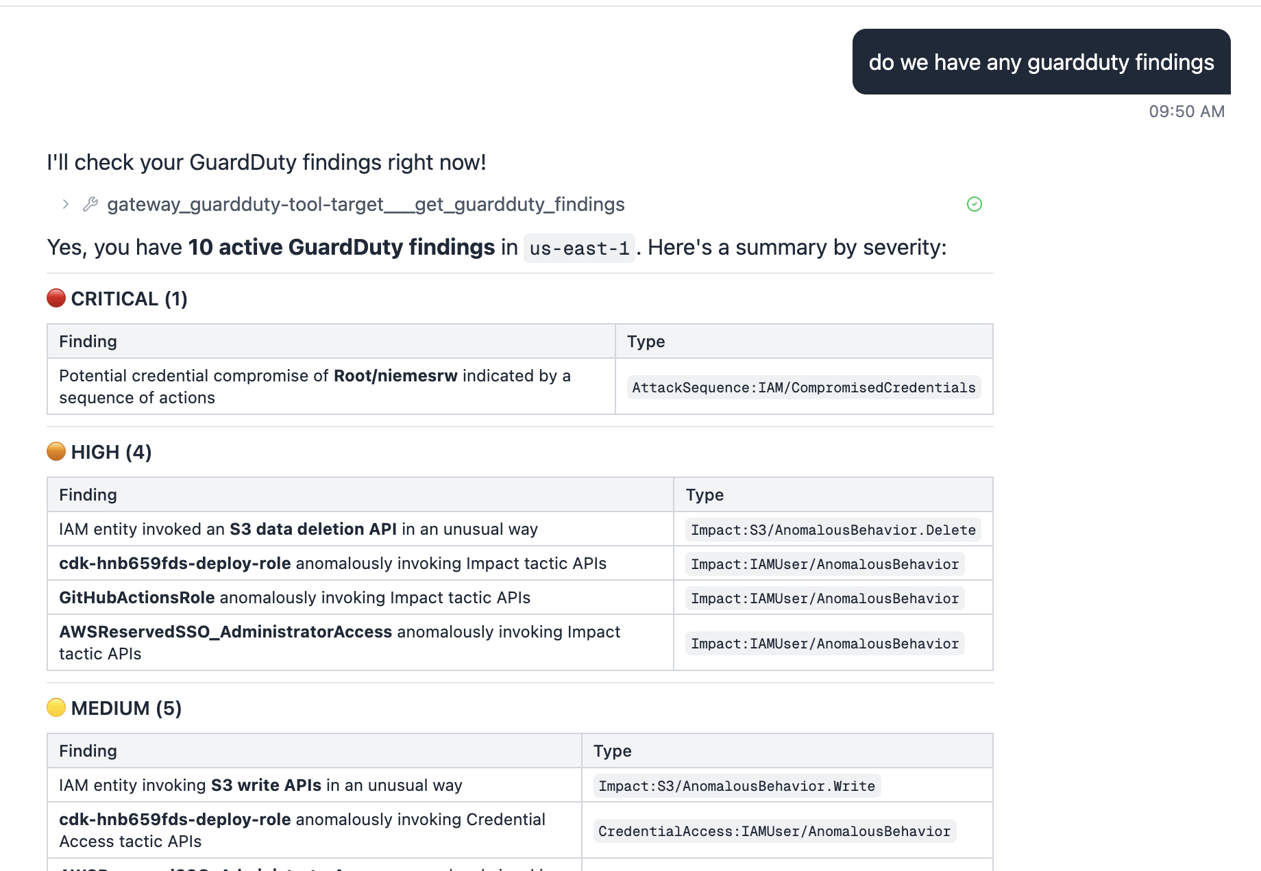 AgentSOAR UI showing 10 live GuardDuty findings by severity